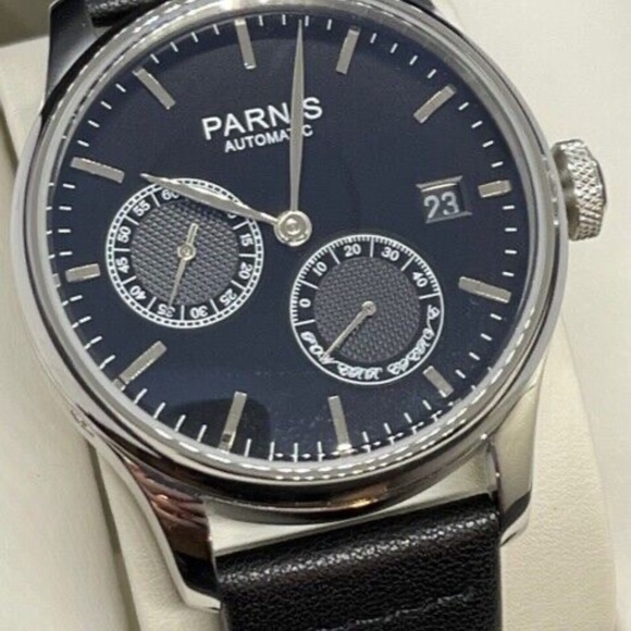 PARNIS 43mm Black Dial Calendar Power Reserve Seagull Leather Automatic Watch - Picture 2 of 8